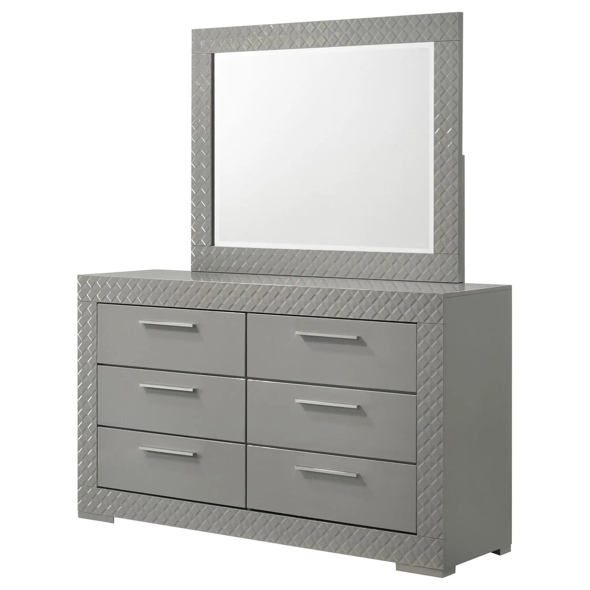Ives 6-drawer Dresser and Mirror Grey High Gloss | 63 x 18 x 74 in | 6-Drawer | Bedroom