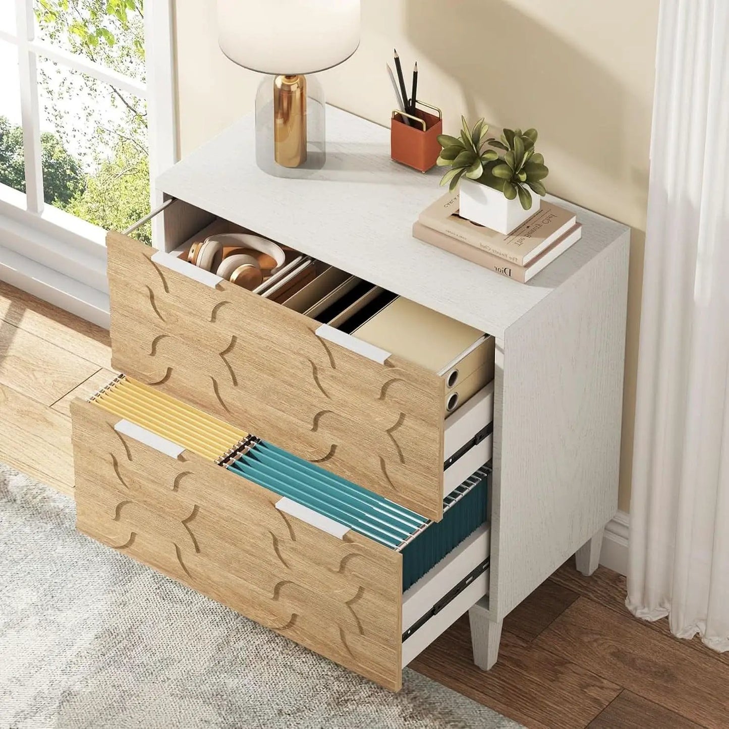 Two Drawer Lateral File Cabinet For A4 Letter And Legal Size Documents White And Walnut Printer Stand from PriceLows™