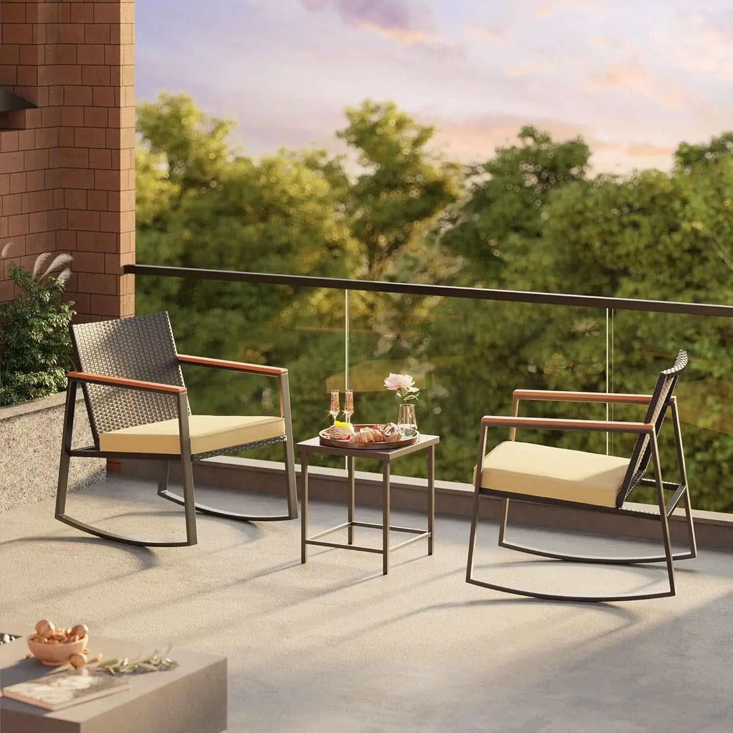 3 Piece Rocking Patio Bistro Set With Anti Scald Armrests Glass Table Cushions Outdoor Wicker Furniture from PriceLows™