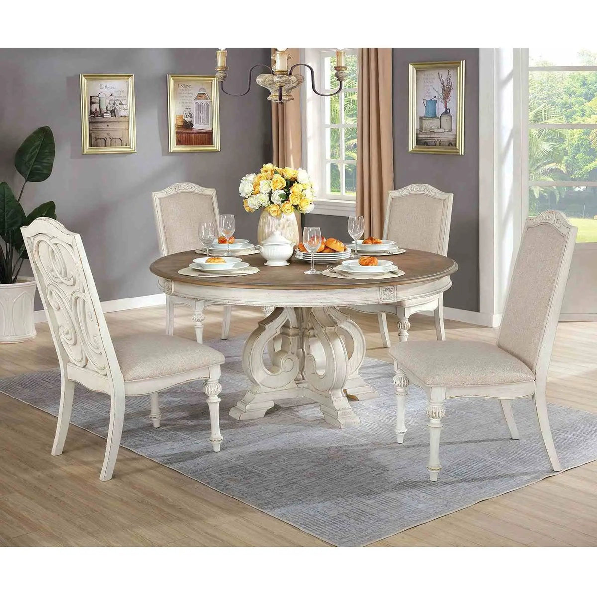 Round Dining Set | 7-Piece | Rustic Style | Pedestal Base Table With Side Chairs