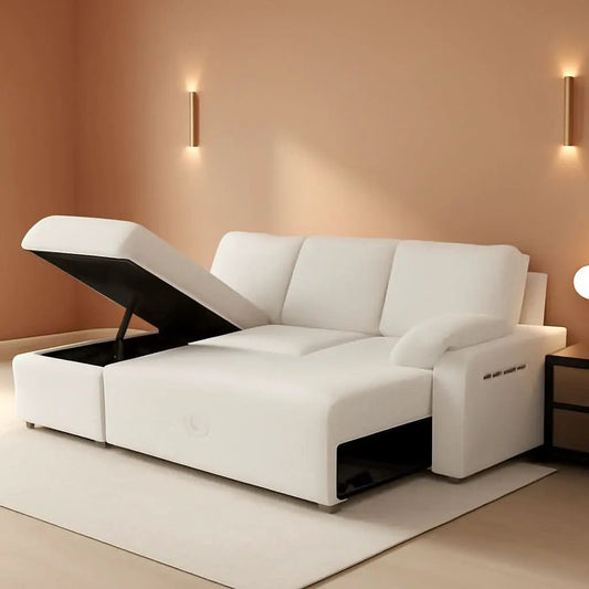Sleeper Sofa Bed With Storage Chaise In White Boucle from PriceLows™