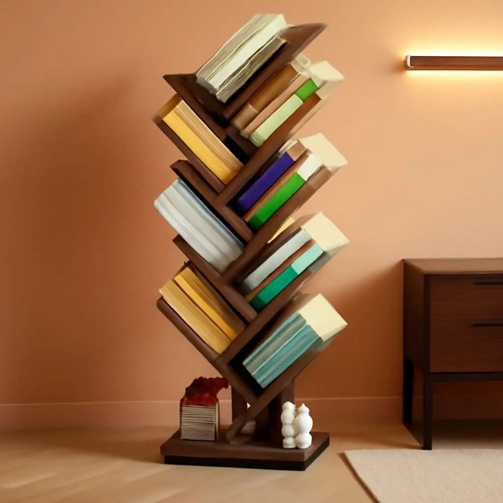 8 Tier Tree Bookshelf Floor Standing Bookcase For Books CDs Rustic Wood from PriceLows™