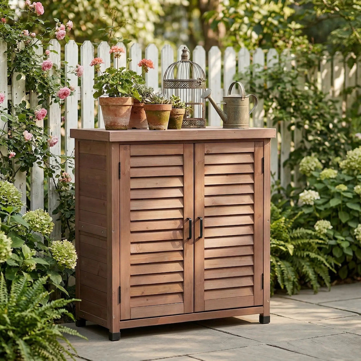 Outdoor Potting Bench | Storage Cabinet | Metal Table Top | Hemlock Wood Construction