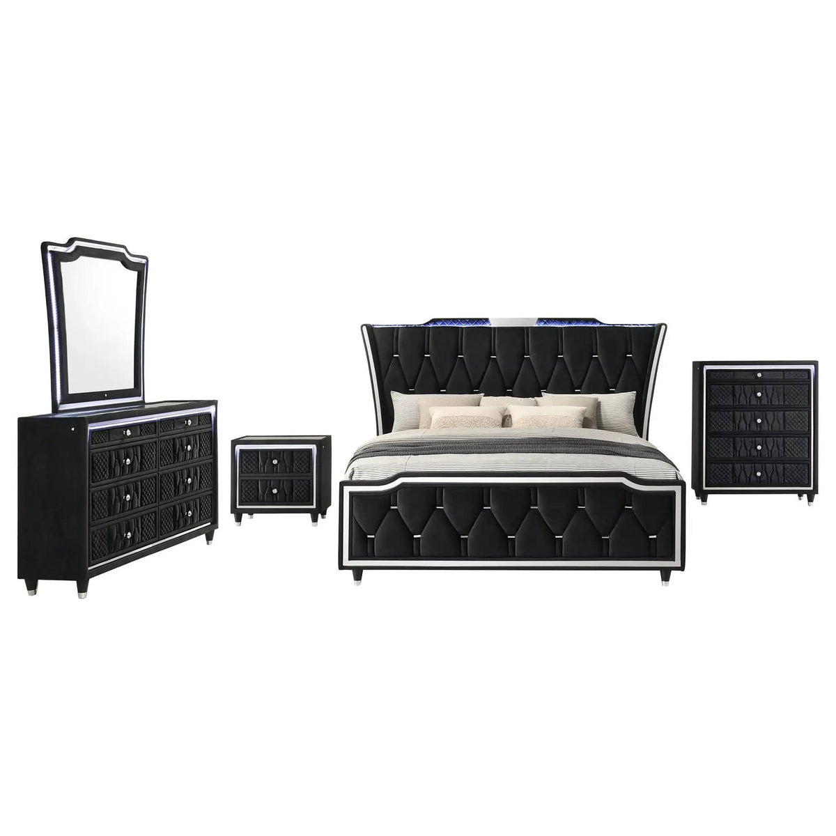 Lorient 5-piece Queen Bedroom Set | 5-Piece Set | Velvet & Tempered Glass | Black