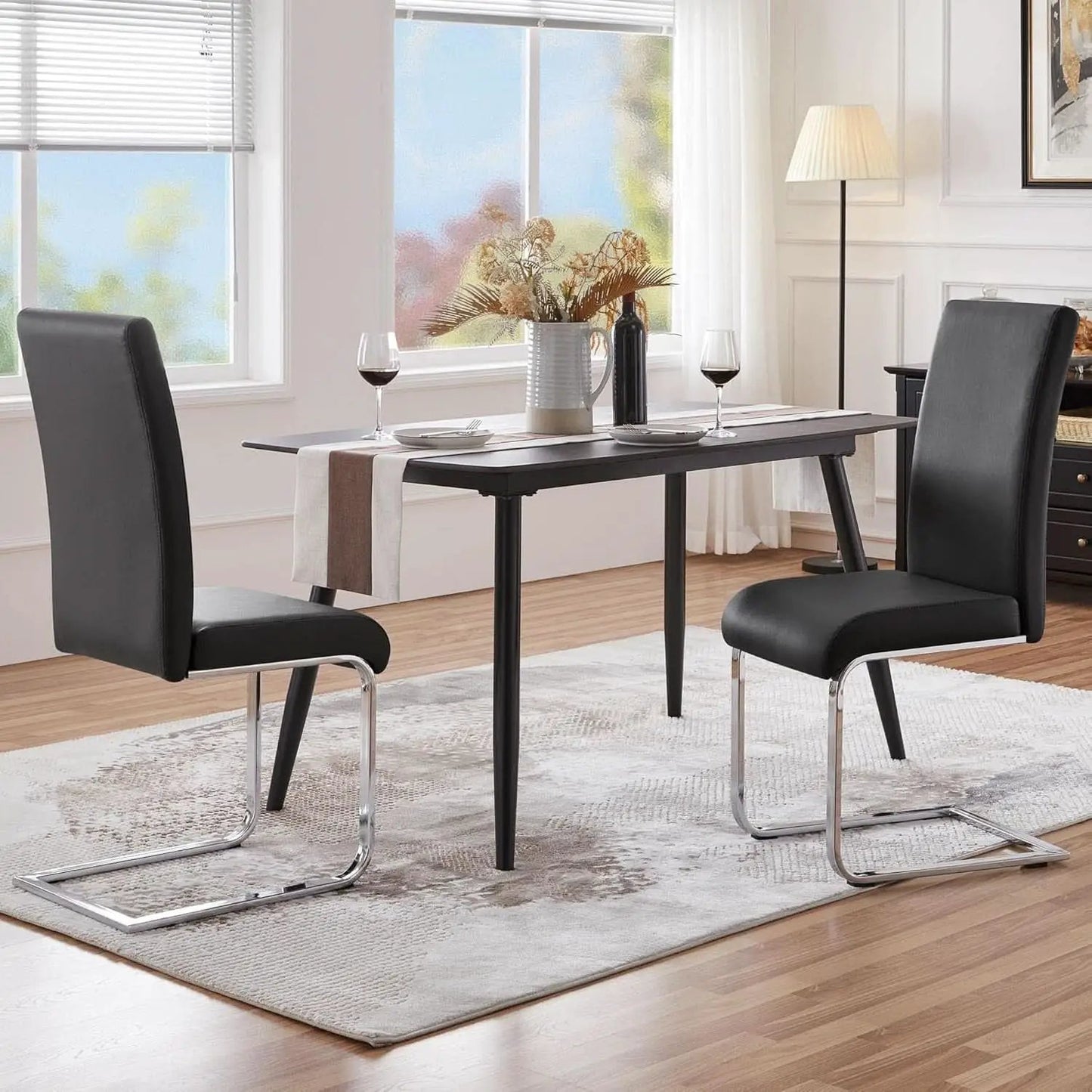 Leather Upholstered Dining Chairs Set Of 2 With Metal Legs Black from PriceLows™