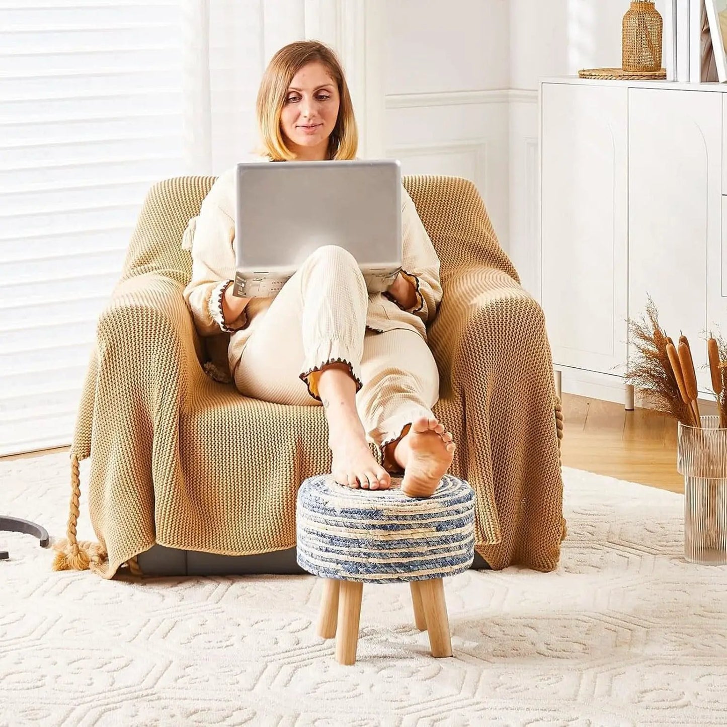 Round Seagrass Ottoman Footstool Handwoven Natural Blue from PriceLows™