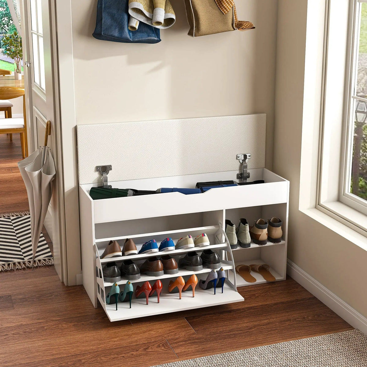 Modern Design Entryway Bench With Adjustable 3 Tier Flip-Up Drawers And Hidden | 39.37 x 11.81 x 20.47 in | 3-Tier | White