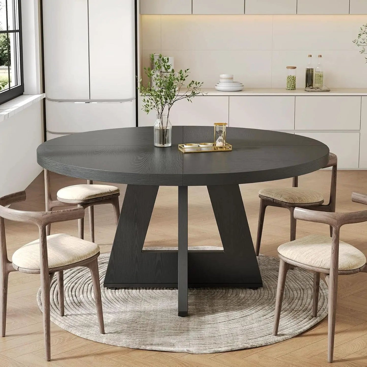 47 Inch Round Dining Table Black With Wooden Pedestal Base from PriceLows™