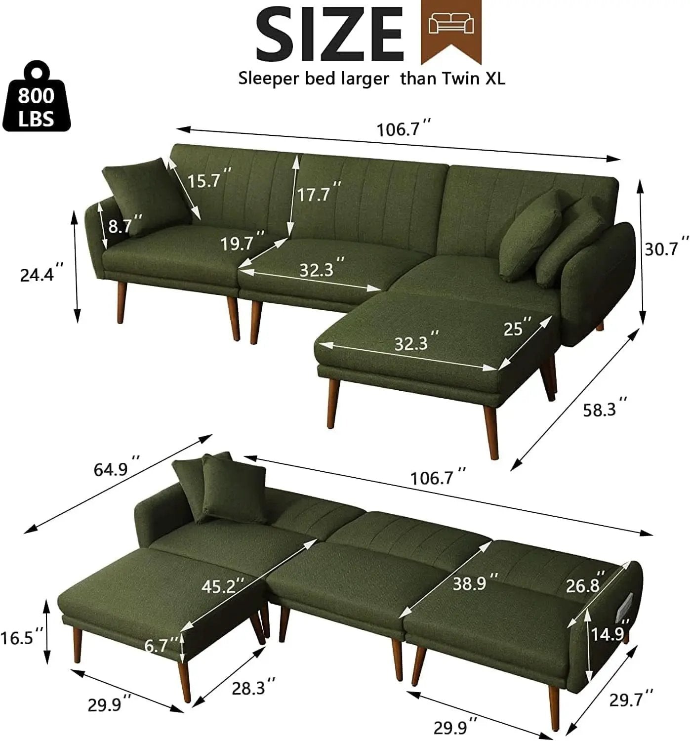 LShaped Linen Sleeper SofaBed With Reclining Backrest from PriceLows™