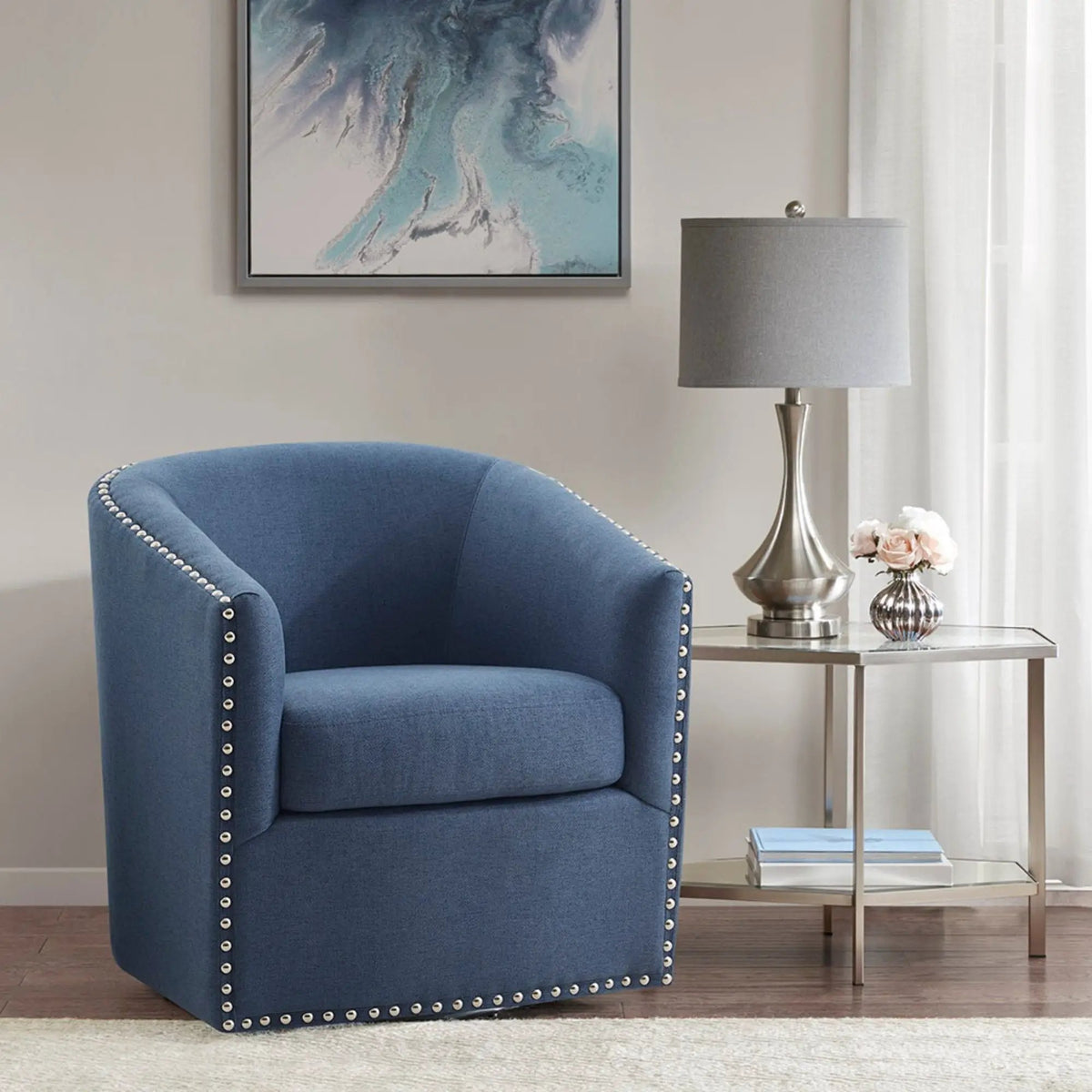 Swivel Chair With 360 Degree Rotation | Silver Nailhead Accents | Metal Base | High-Density Foam Cushion
