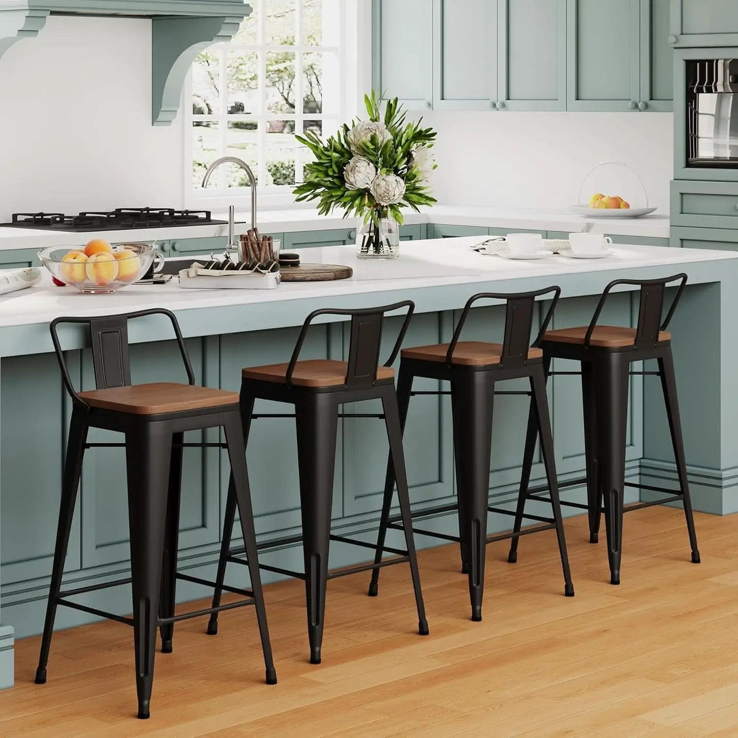 30 Inch Low Back Metal Barstools With Wooden Seat from PriceLows™