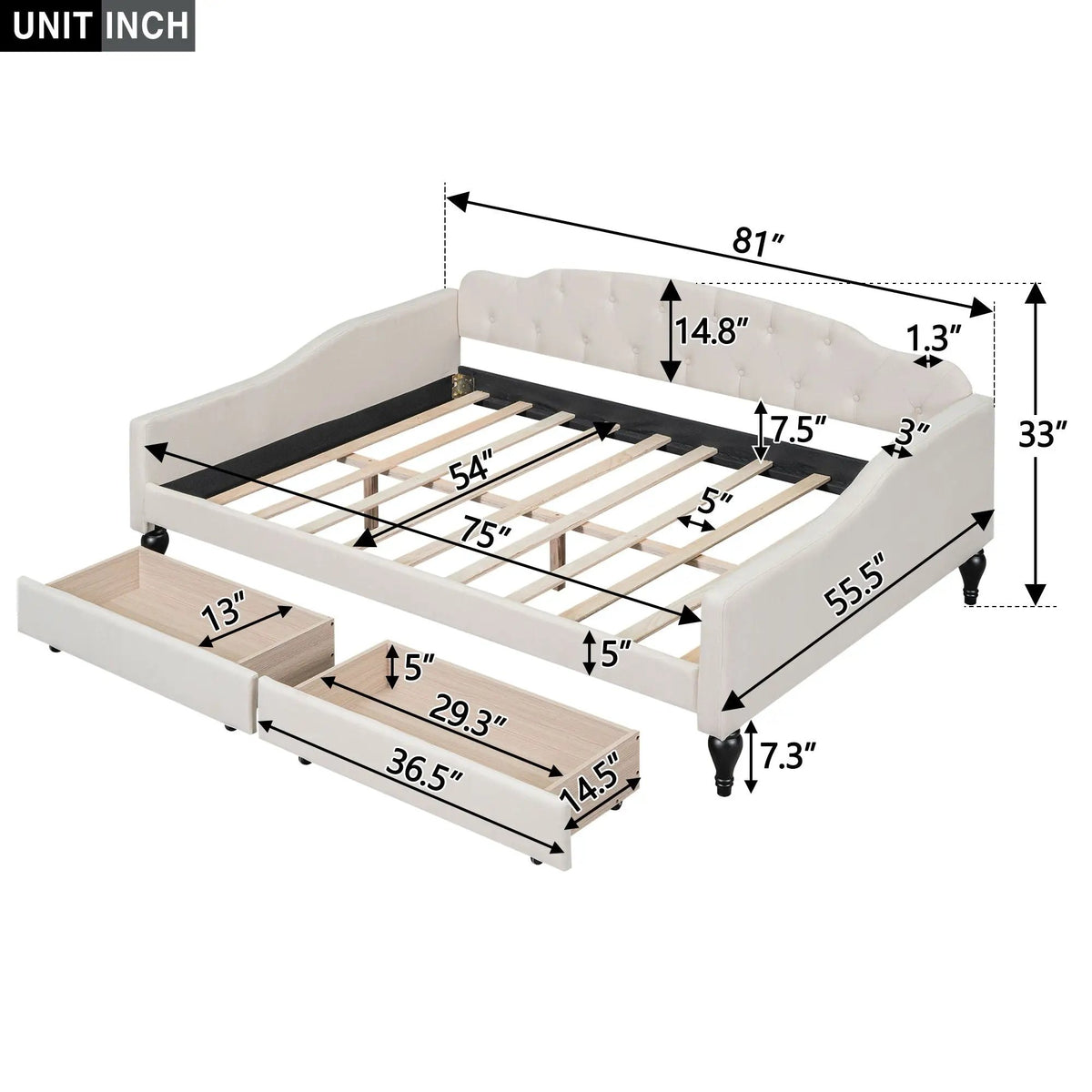 Upholstered Tufted Daybed | Full Size | Solid Wood Frame