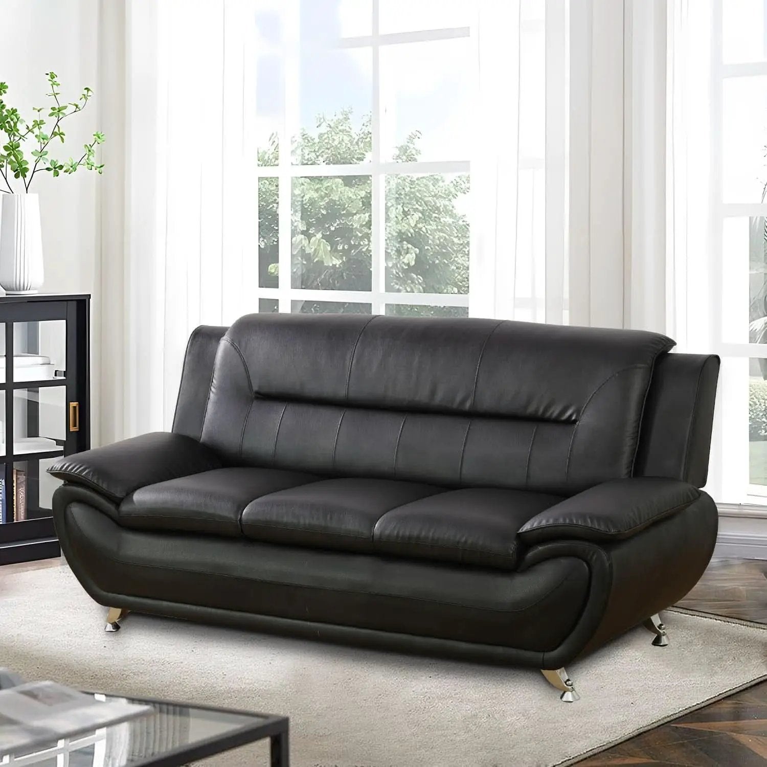 Faux Leather 3 Piece Modern Living Room Sofa Set Black from PriceLows™