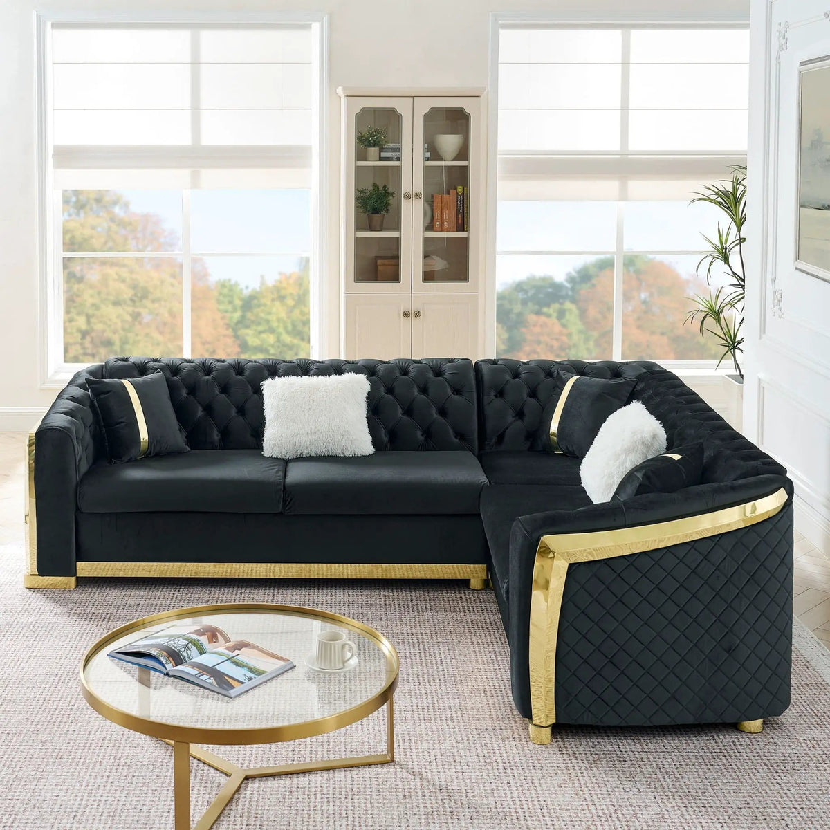 L Shaped Chesterfield Sectional Sofa With Stainless Steel Accents | 105.52 x 84.25 x 32.28 in | Stainless Steel | Living Room