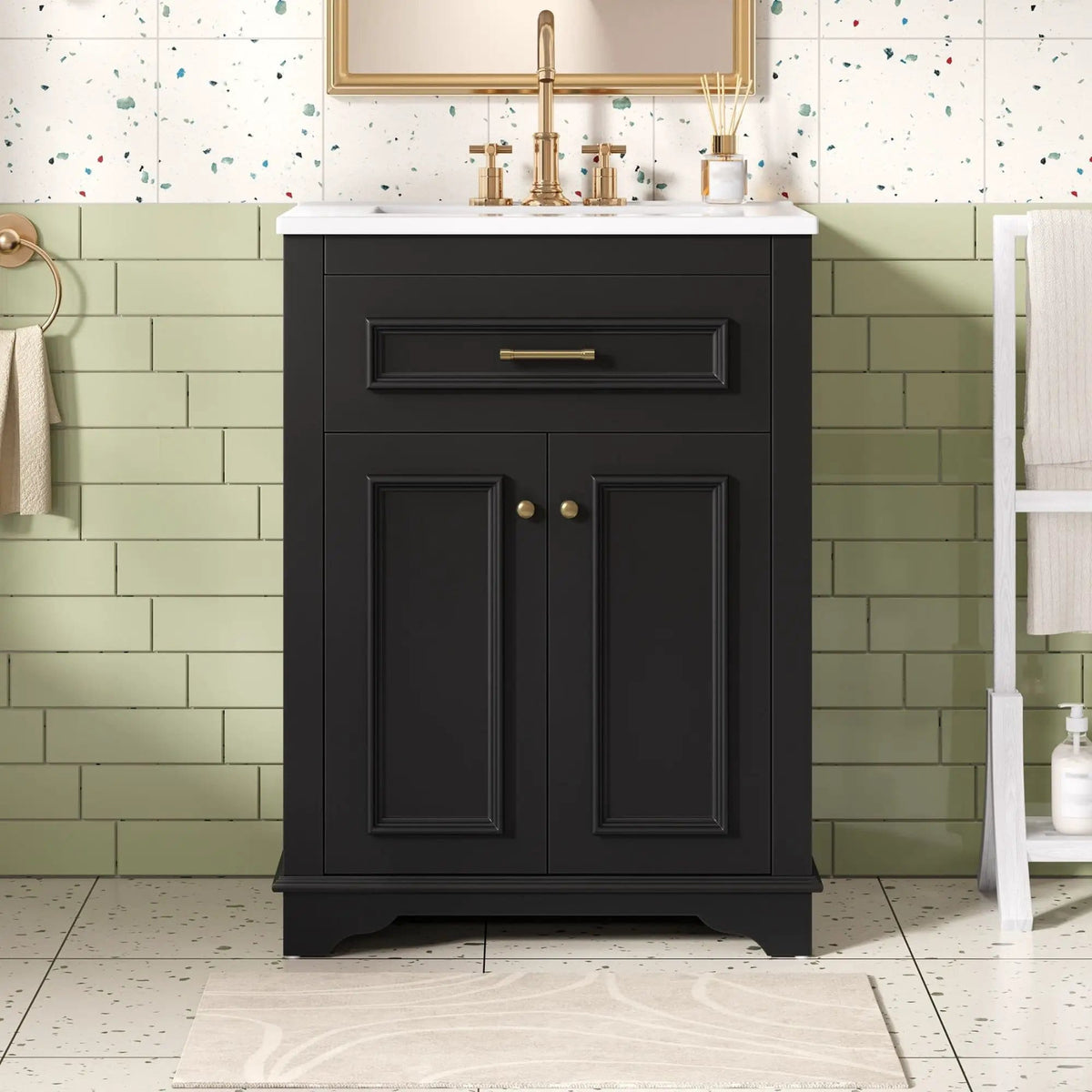 Bathroom Vanity With Integrated Sink, 2 Door Cabinet With Tip Out Drawer | 3 Pieces | Solid Wood & Iron | Bathroom