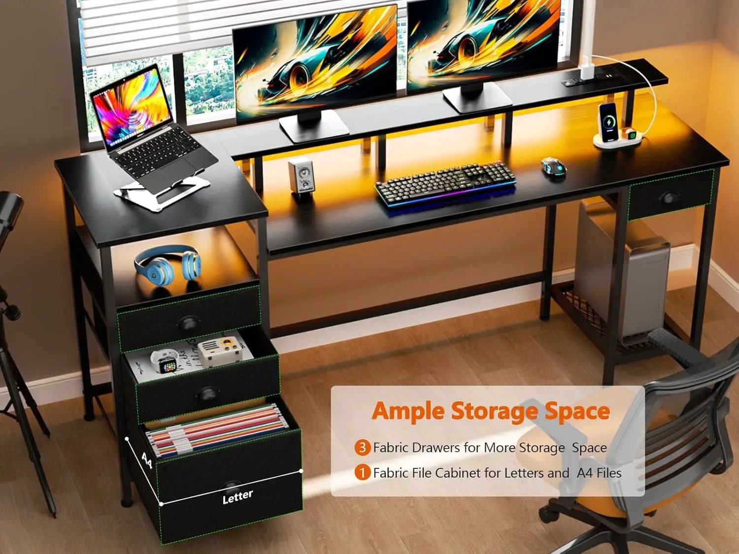 Black 60 Inch Computer Desk With 4 Drawers And Led Lights from PriceLows™