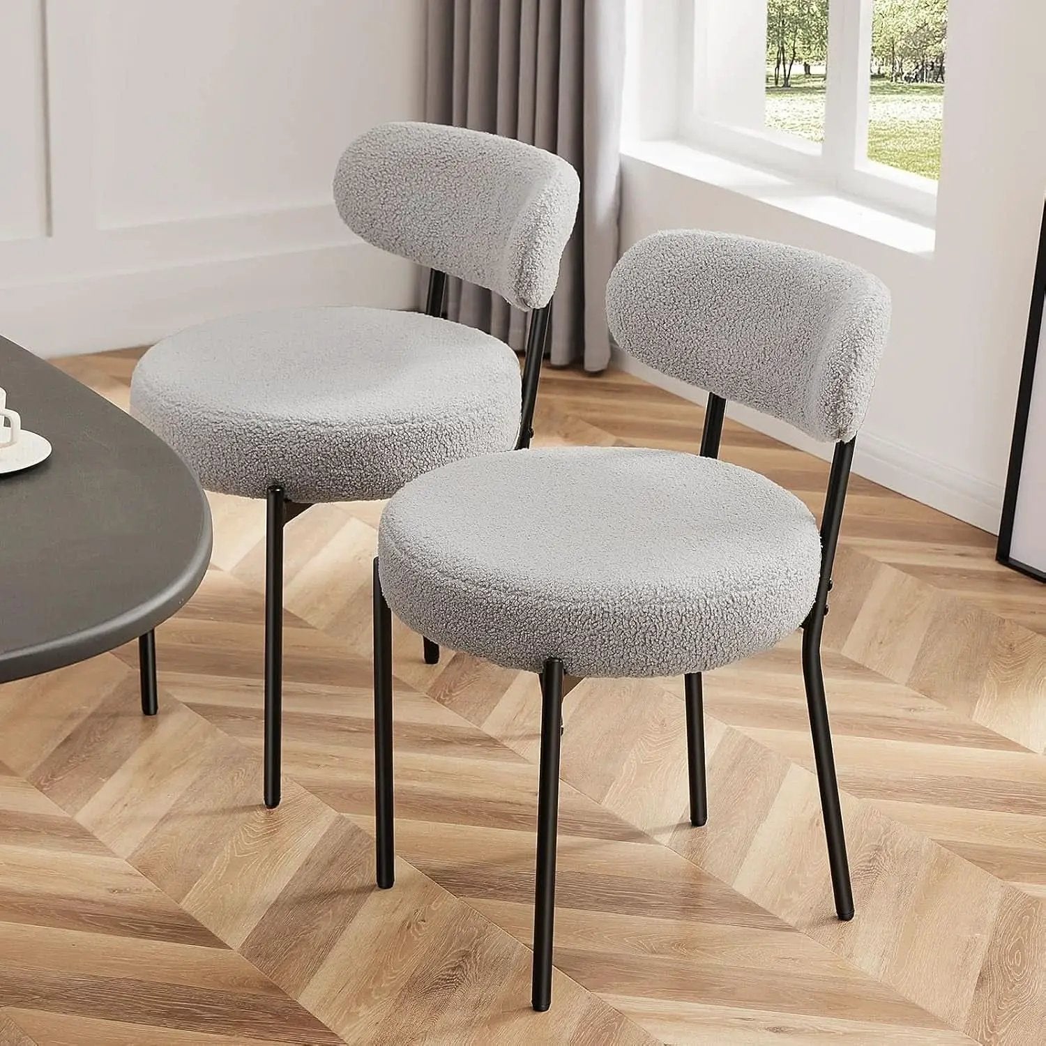 Boucle Upholstered Dining Chairs Set Of 4 With Curved Backrest Metal Legs Grey from PriceLows™