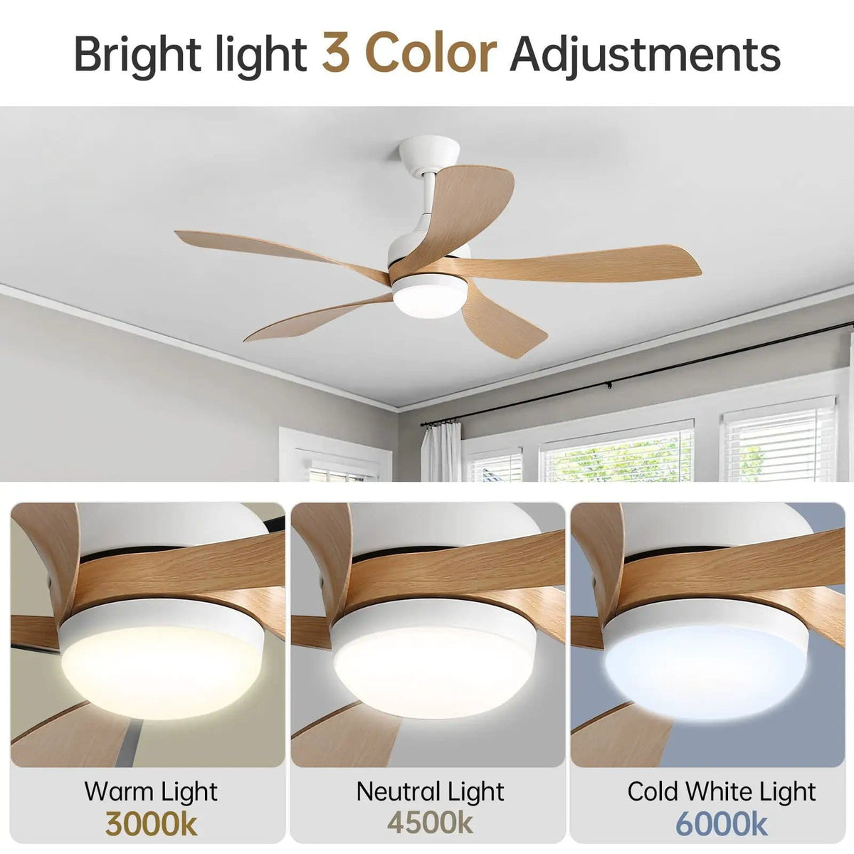 Ceiling Fan & DC Motor And Integrated Light | 3 Pieces | Wood | Home