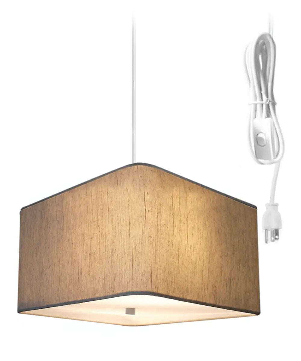 2 Light Plug In Swag Pendant | 16 Inch Width | Oatmeal Drum Shade | White