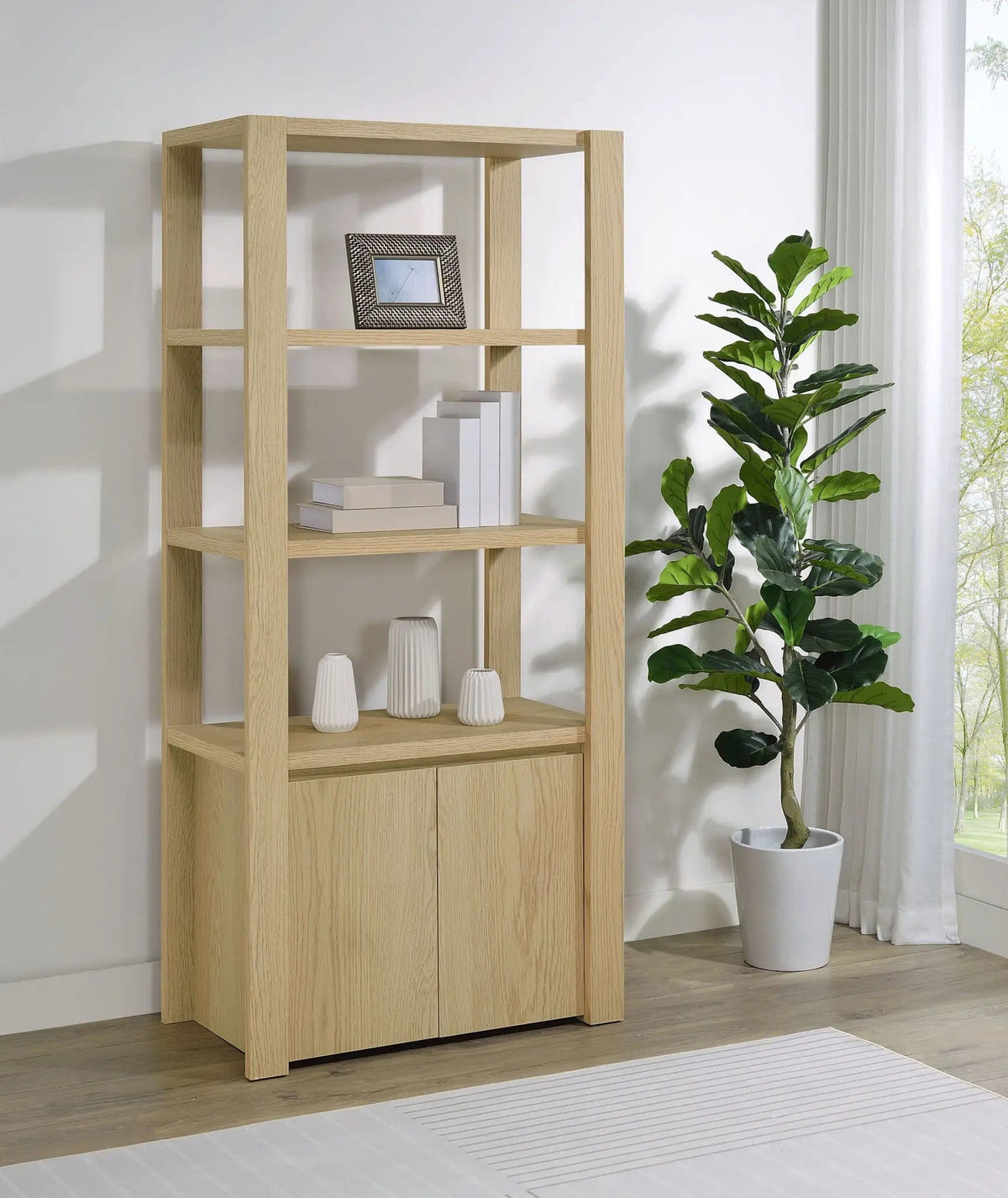 Laurelton 3-shelf Media Tower Tall Pier Cabinet | 31.5 x 17.5 x 70.75 in | Engineered Wood & Veneer | Light Oak