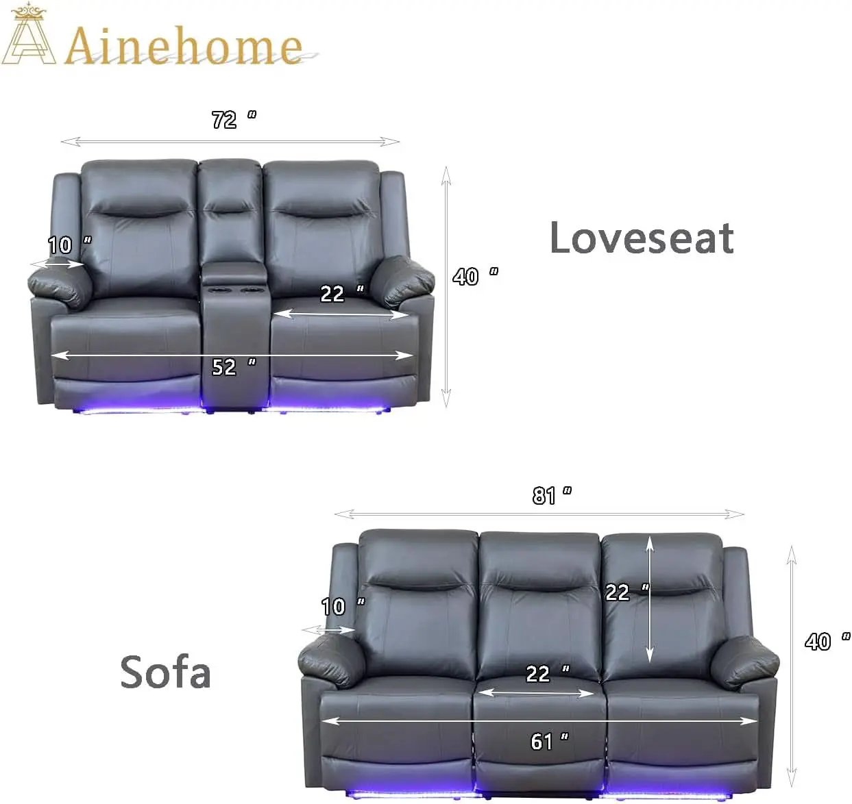Power Leather Recliner Sofa Set Grey LED Lights Modern from PriceLows™