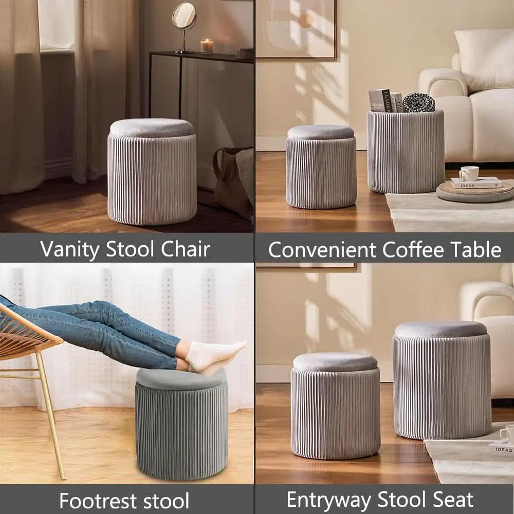 Round Velvet Storage Ottoman Collection Light Grey from PriceLows™