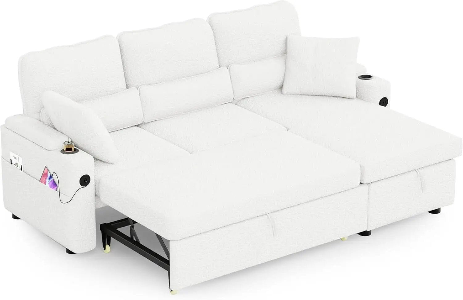 Pull Out Convertible Sofa Bed With Hidden Storage Teddy White from PriceLows™