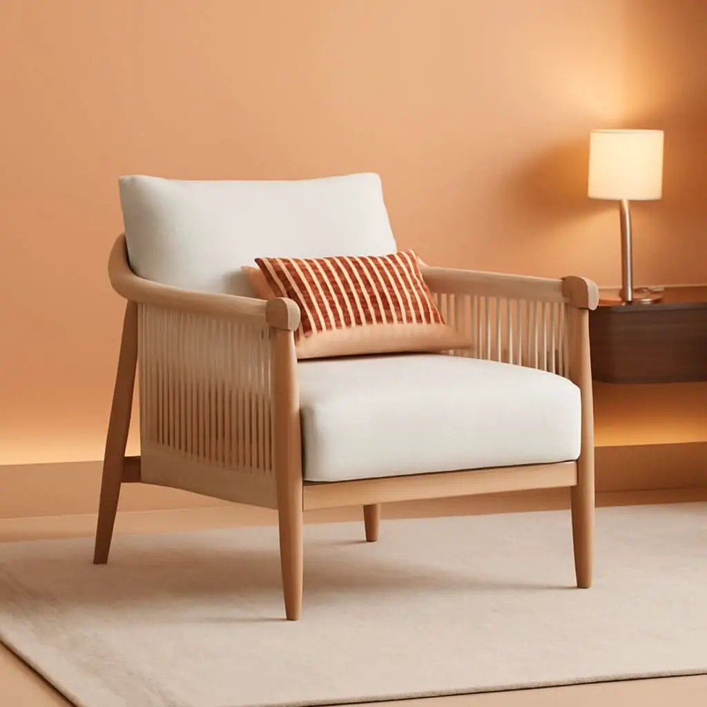 Cream Braided Accent Armchair With Wooden Armrests from PriceLows™
