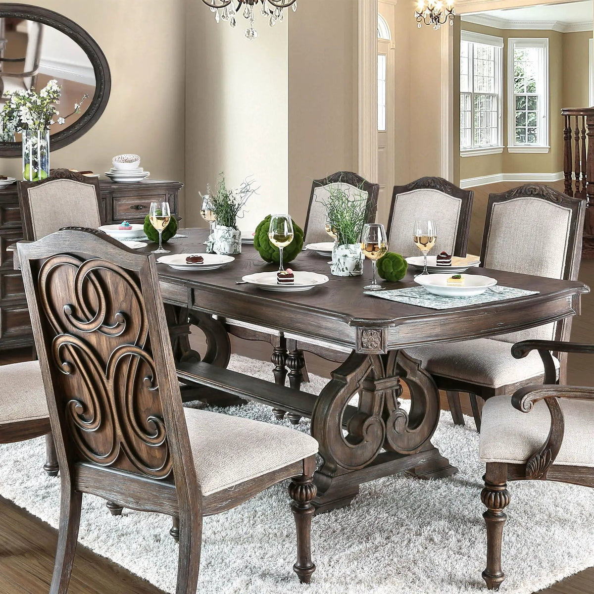 Rustic Dining Set | 96 Inch Table | Upholstered Chairs | Intricate Wood Inlay Details