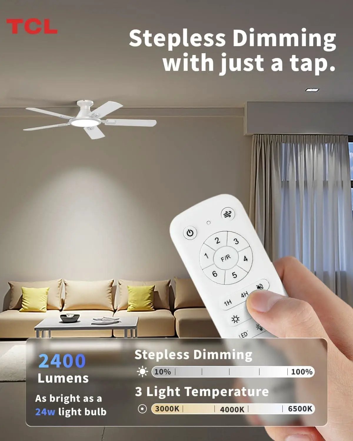 52 Inch White Flush Mount Ceiling Fan With LED Light from PriceLows™