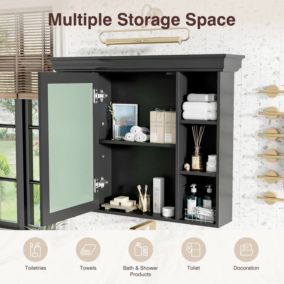 Wall Mounted Bathroom Storage Cabinet | Mirror Door | Silver Metal Handles | Open Shelves