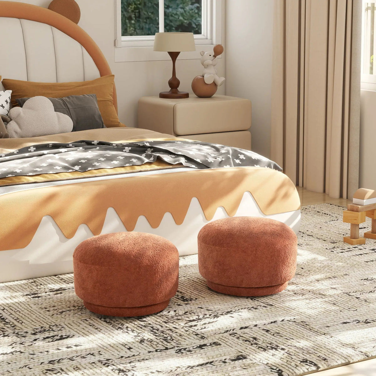 Fuji Mushroom Footstool Ottoman | Faux Shearling Upholstery | 15 Inch Diameter | Compact Size