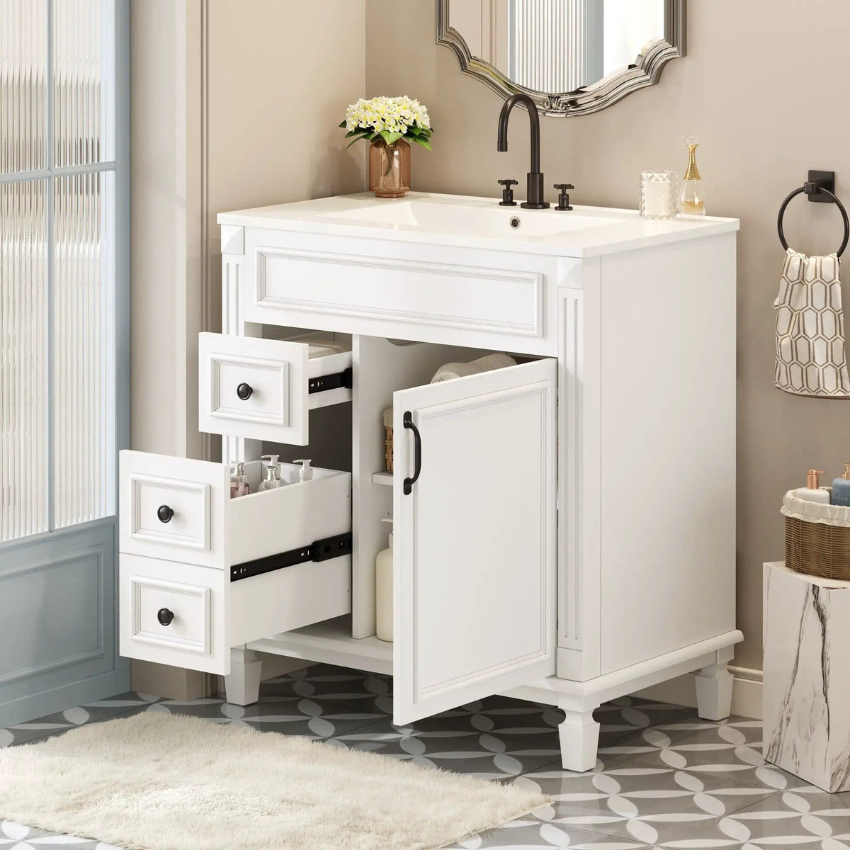Bathroom Vanity With Sink, Cabinet With 2 Drawers And Adjustable Shelf | 2 Pieces | Solid Wood & Iron | Bathroom