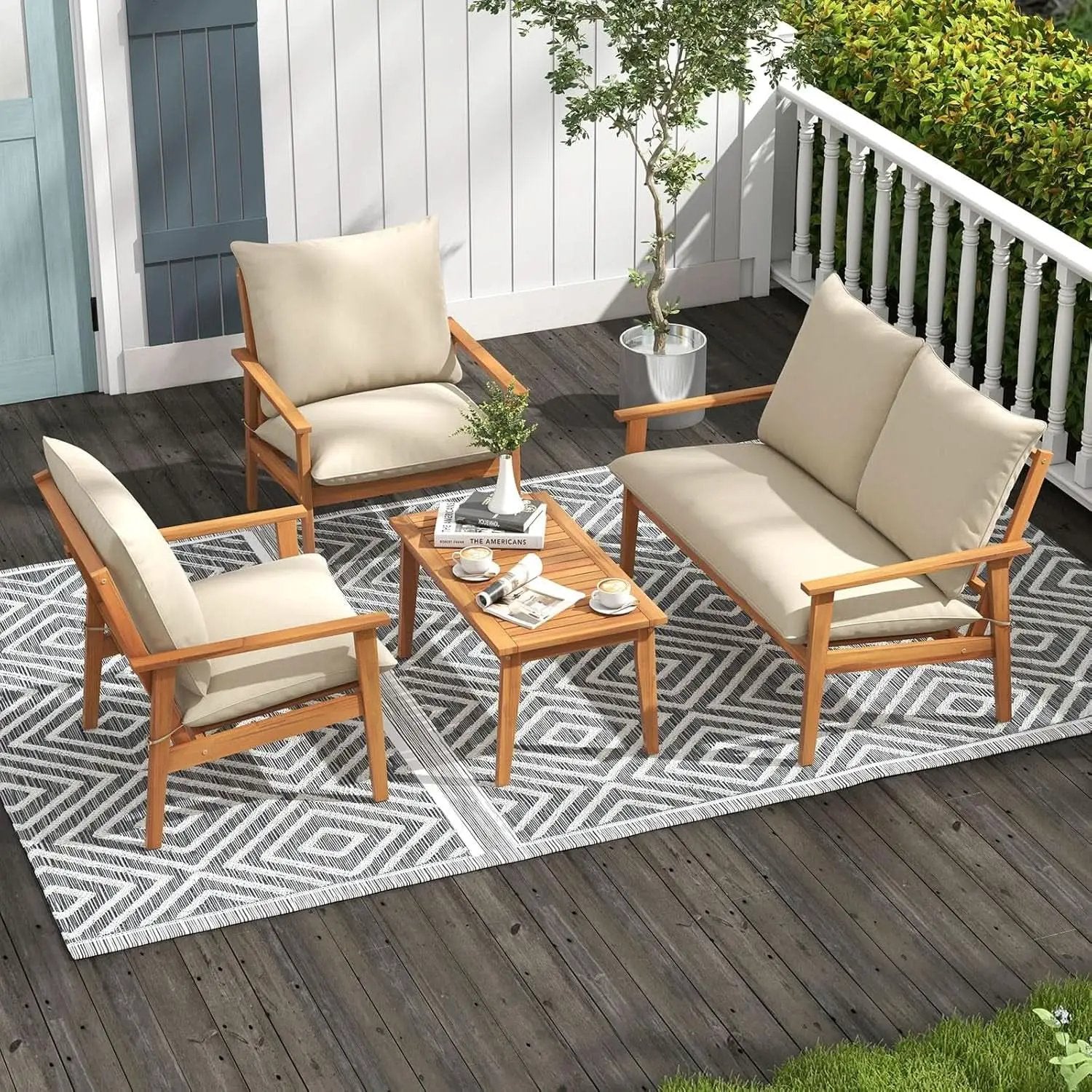 Outdoor Acacia Wood Patio Set With Cushions And Coffee Table from PriceLows™