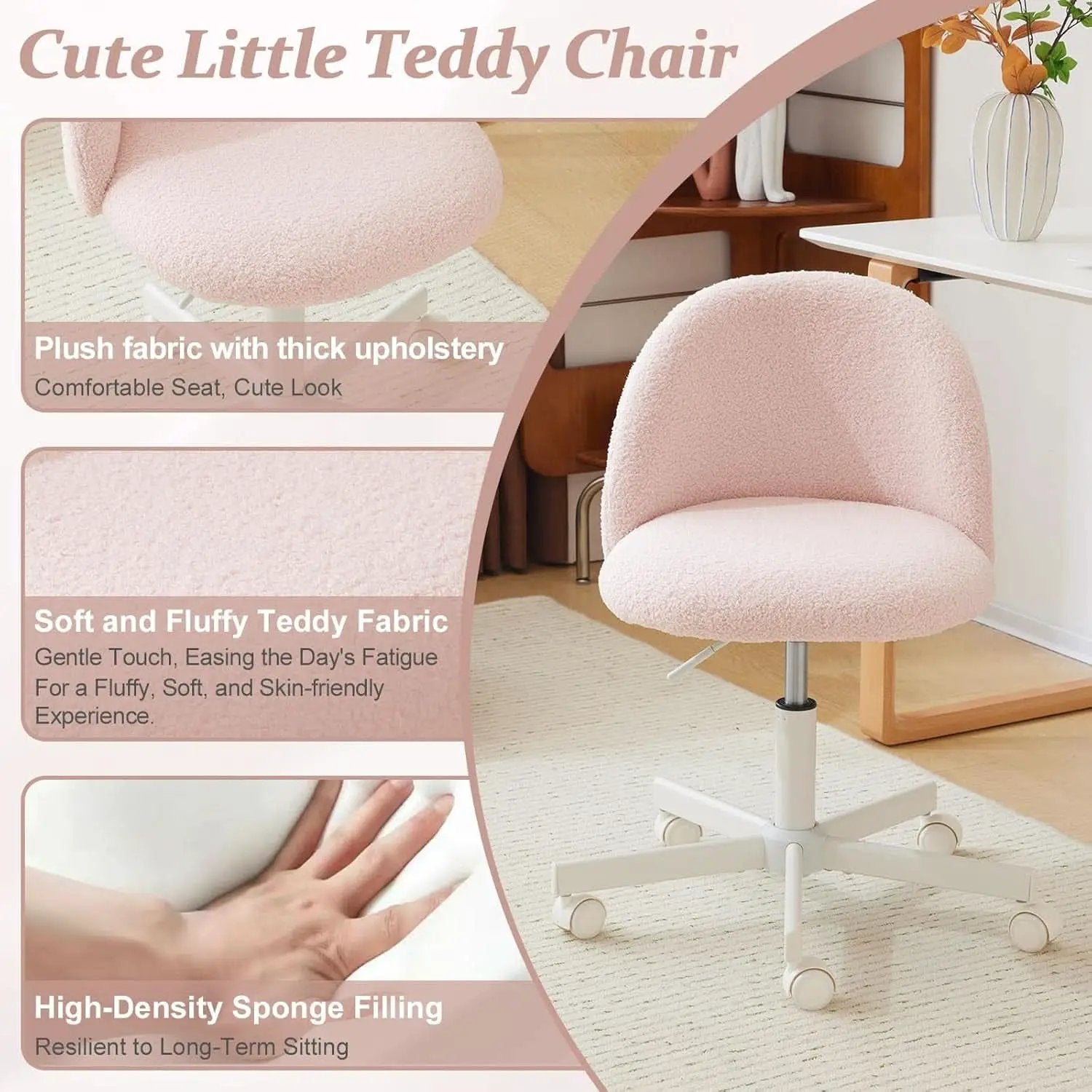 Pink Teddy Desk Chair With Lumbar Support And Wheels from PriceLows™
