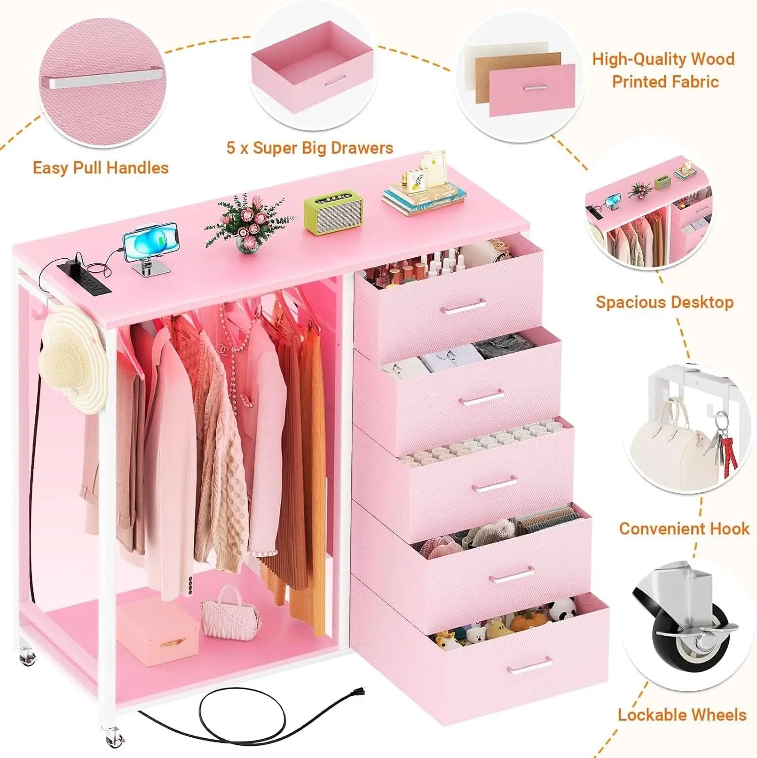 Pink Dresser With Clothes Rack 5 Drawers Charging Station from PriceLows™