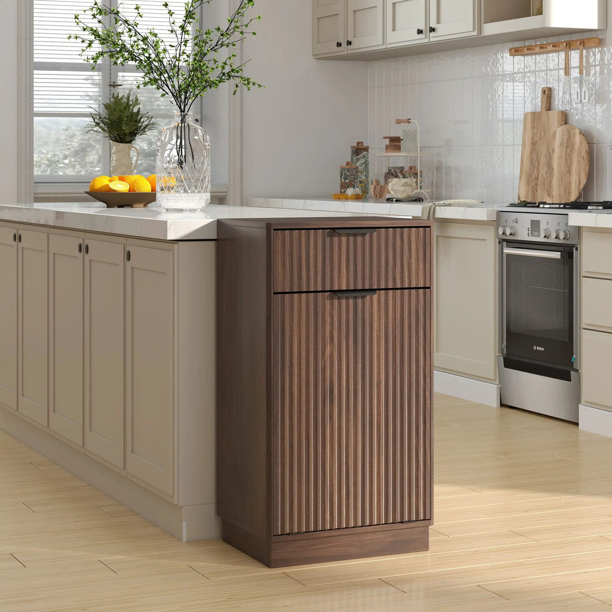 Tilt Out Trash Can Cabinet | Wave Textured Drawer | Pull Out Bin | Dual-Zone Waste Control
