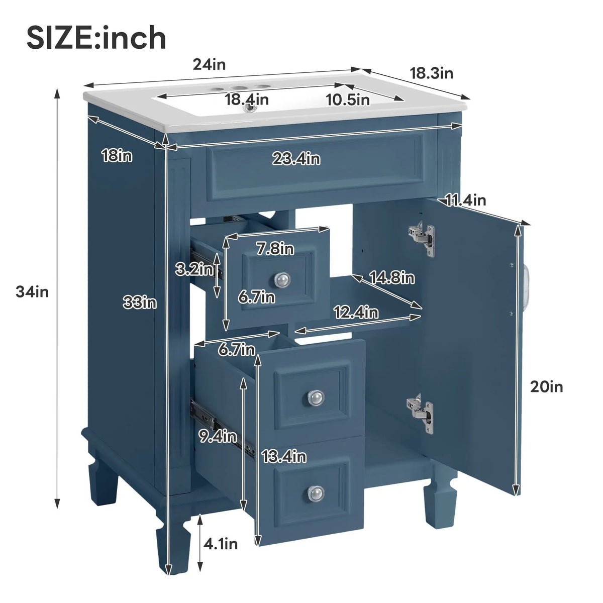 24 Inch Compact Bathroom Vanity | 2 Deep Drawers | Adjustable Shelf | Retro Button Handles