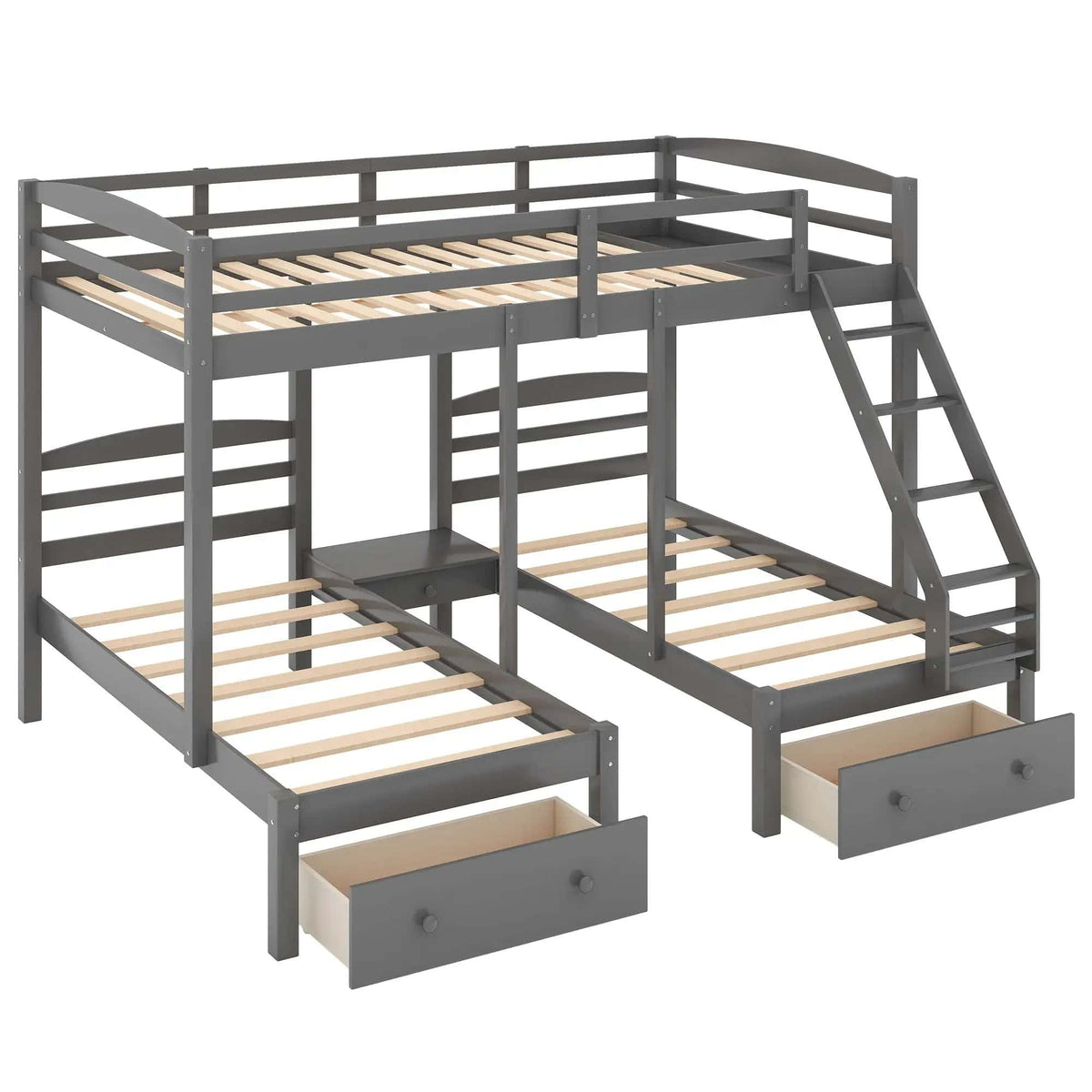 Full Over Twin & Twin Bunk Bed, Triple Bunk Bed With Drawers - | Bunk Bed | Pine Wood & Mdf | Gray