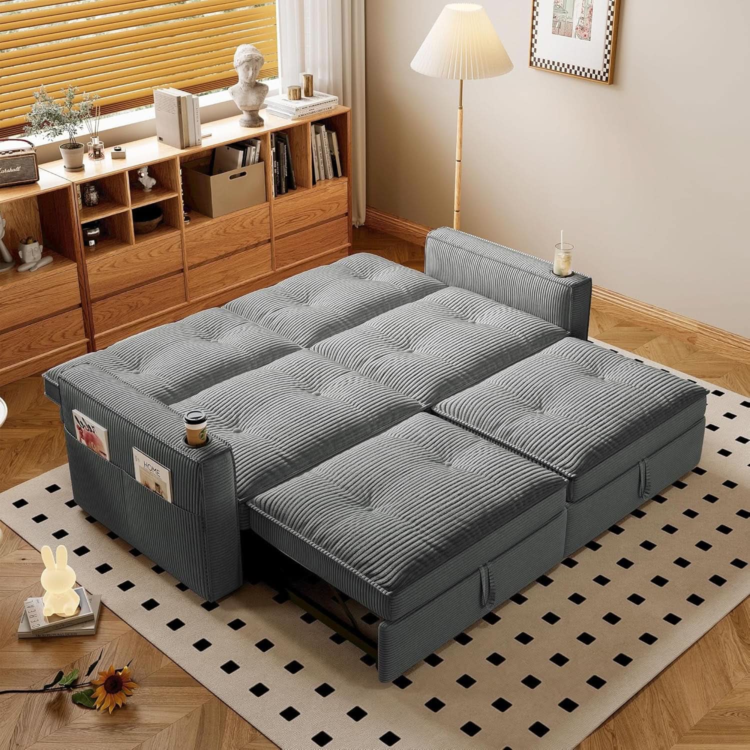 Gray Queen CorduroyTexture Transformable Sofa Bed USB from PriceLows™