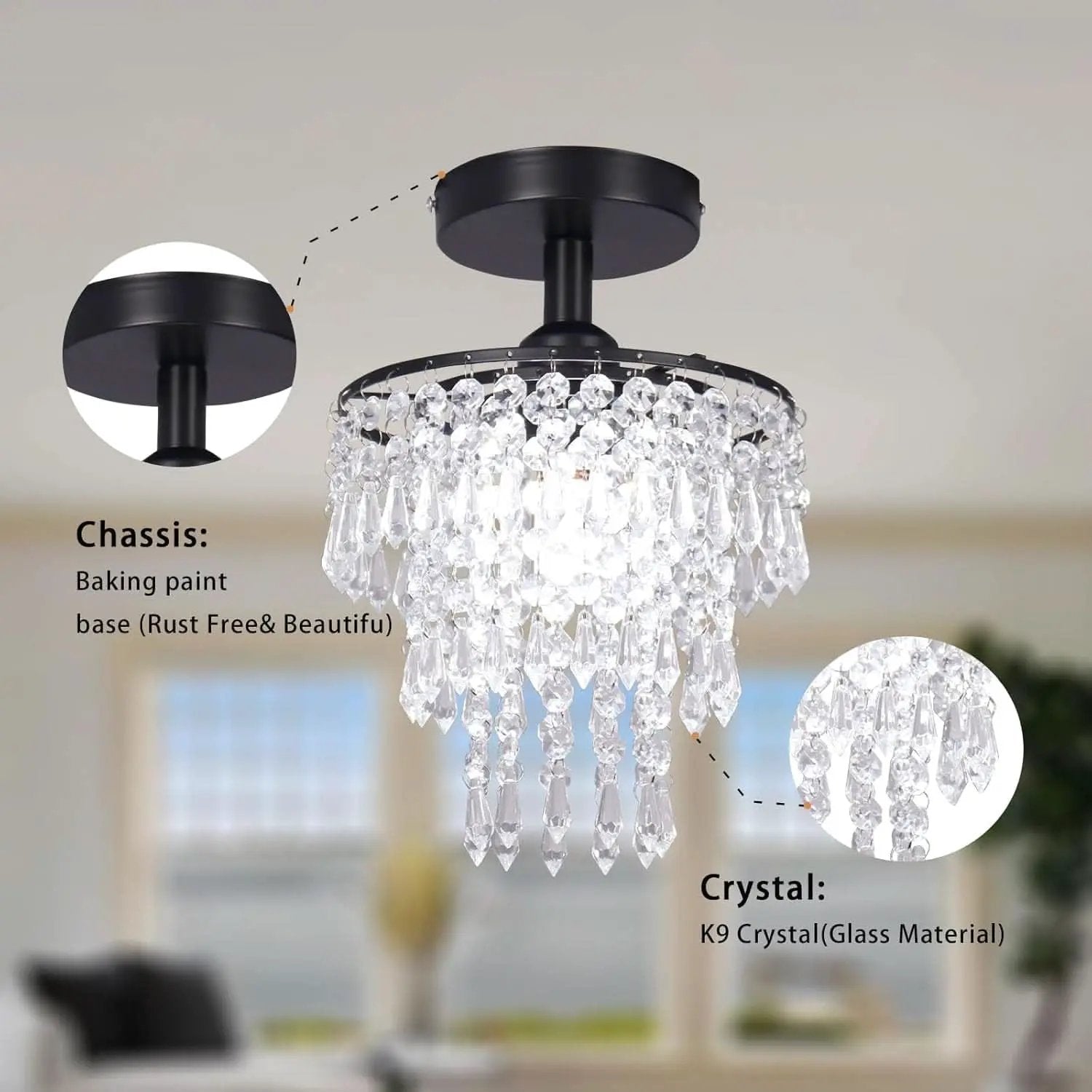 Small Black Crystal Chandelier Flush Mount With Raindrops from PriceLows™