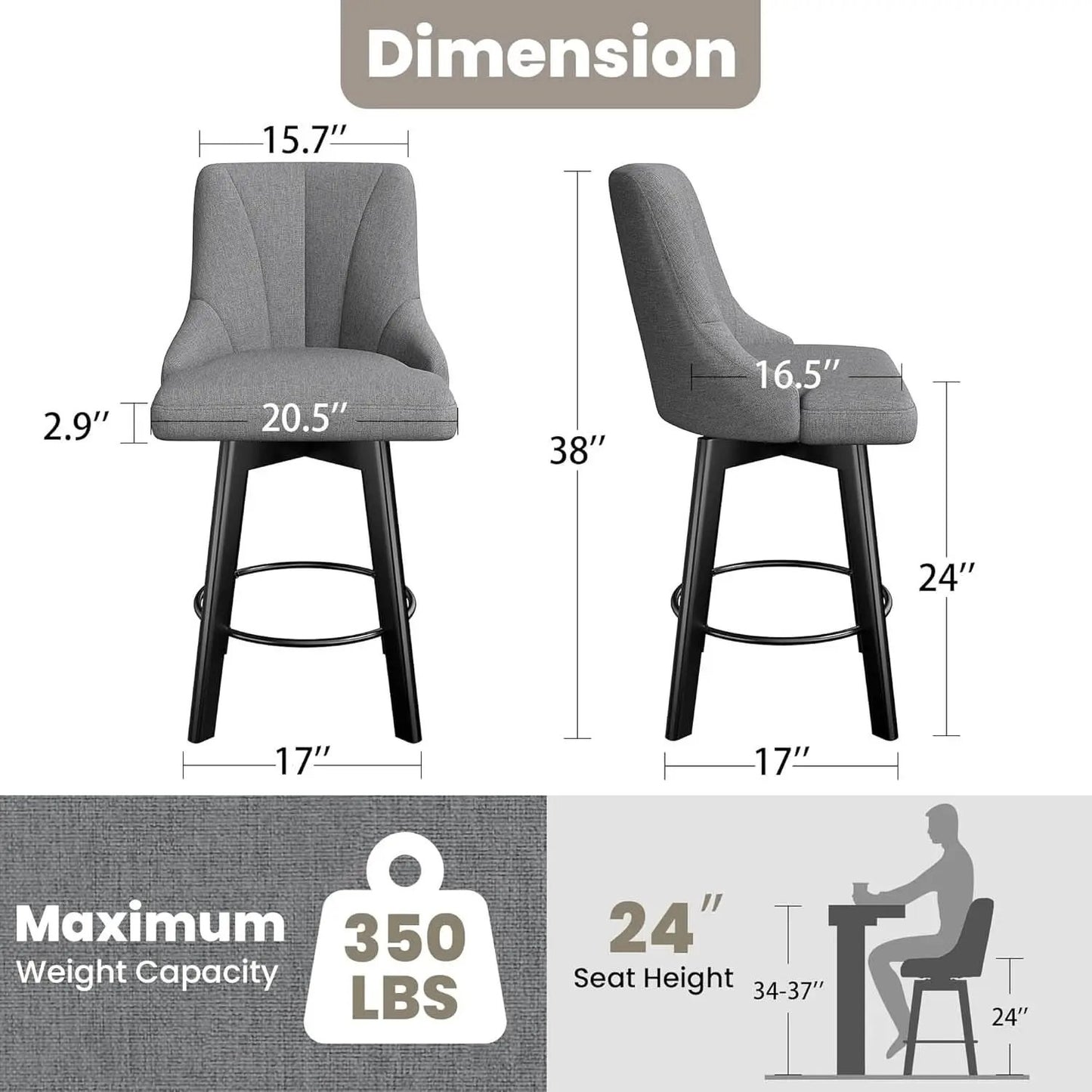 24 Inch Dark Gray Swivel Bar Stools With Backs Set Of 2 from PriceLows™