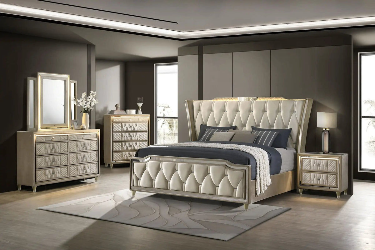 Lorient 5-piece Eastern King Bedroom Set Ivory and Camel | 5-Piece Set | Velvet & Tempered Glass | Bedroom