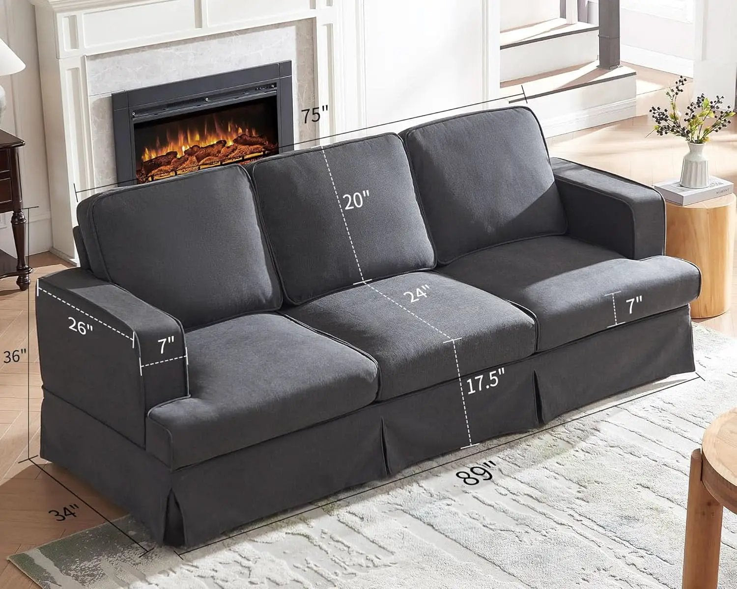 89 Inch Slipcovered Linen Grey Sofa 3 Seater Couch from PriceLows™