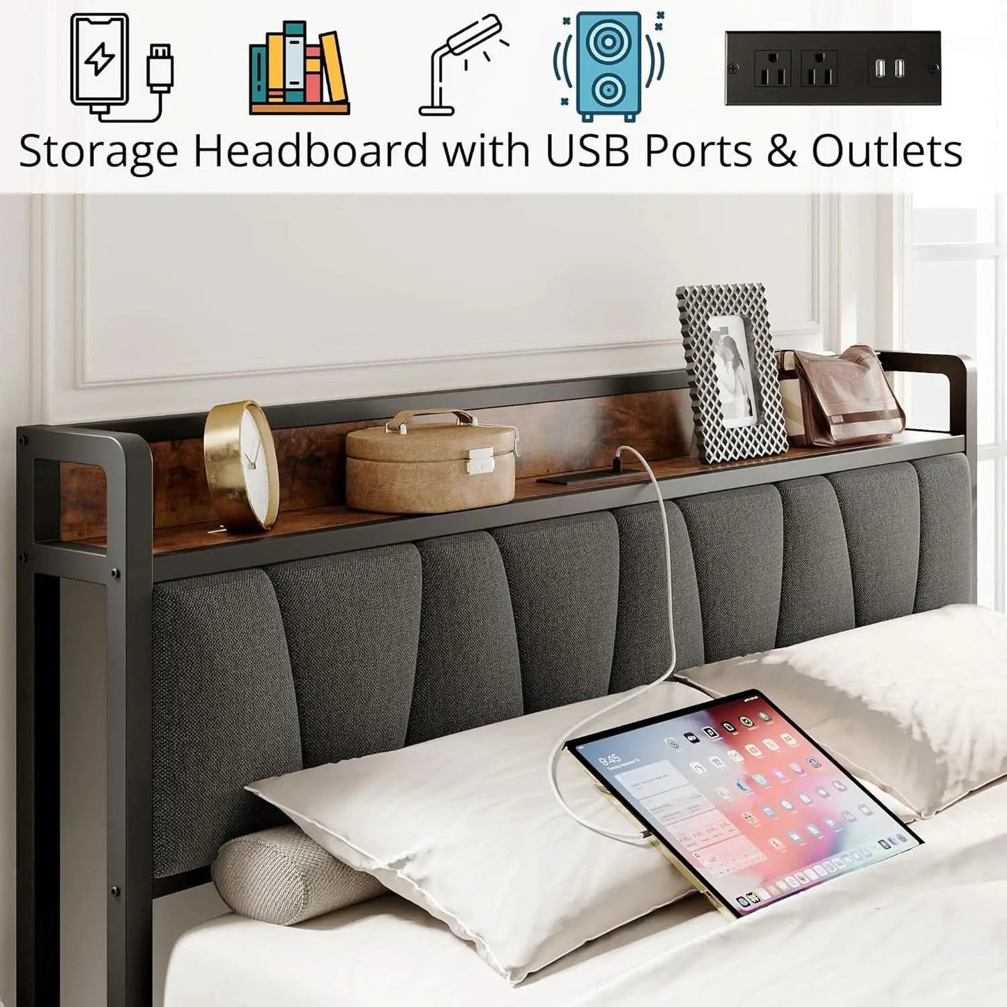 King Size Bed Frame With Storage Headboard And USB Charging Ports from PriceLows™
