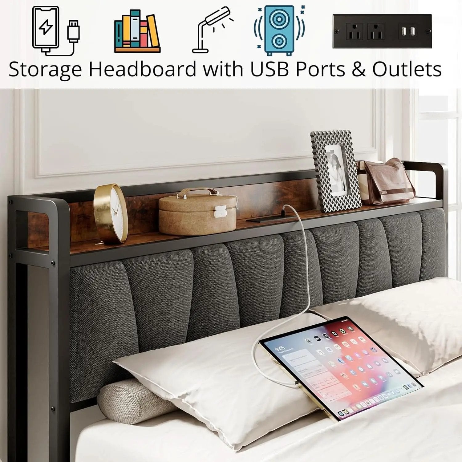 King Size Bed Frame With Storage Headboard And USB Charging Ports from PriceLows™