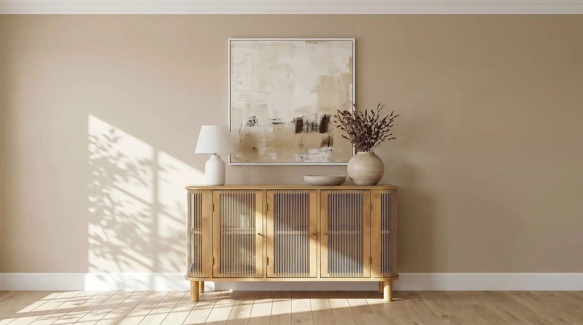 Ervine 3-Door Rope Panel Sideboard Accent Storage Cabinet | 53.25 x 15.75 x 31.5 in | Rubberwood & Plywood | Natural