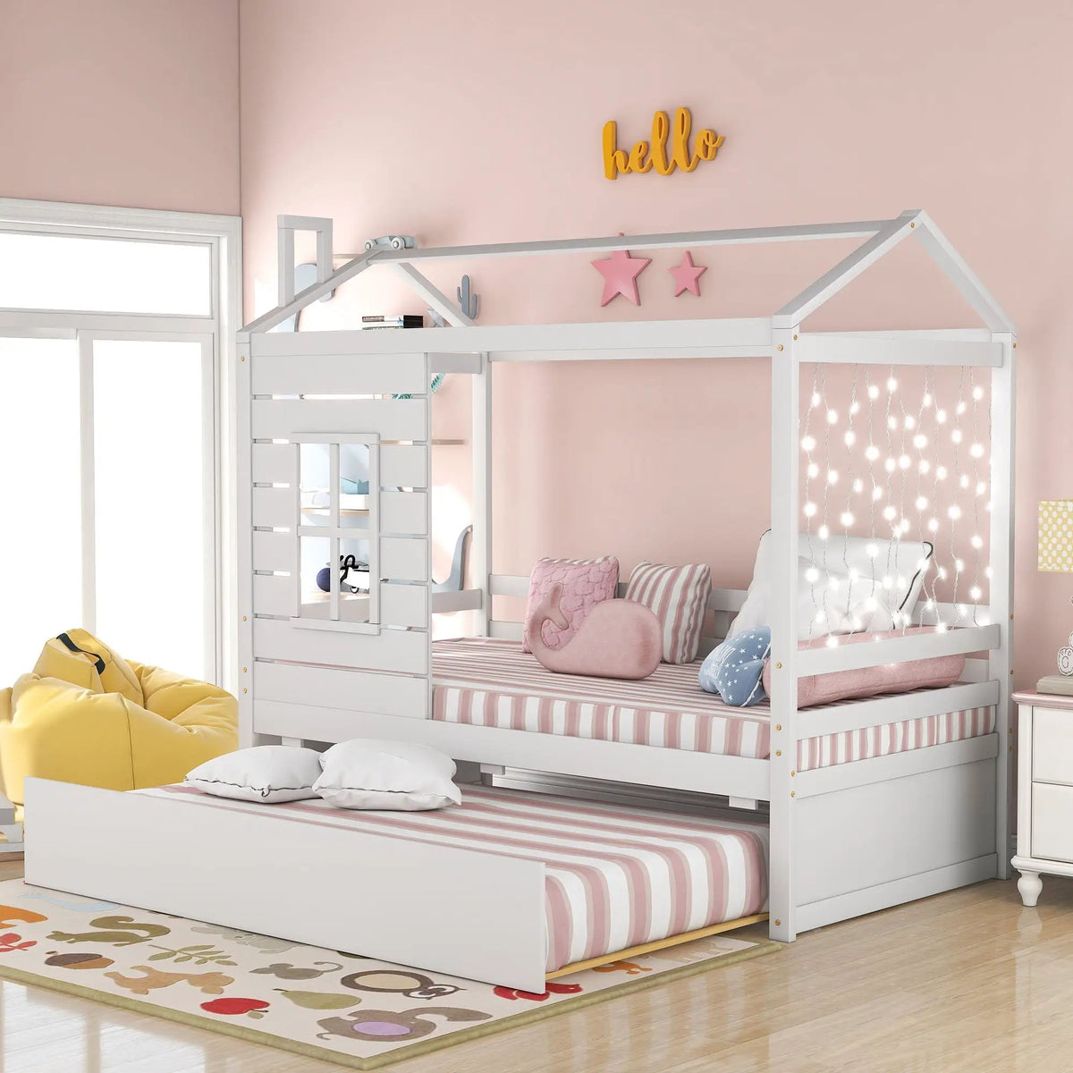 Twin Size Classic House Bed | Twin Trundle | White | 75.5 Inch Height