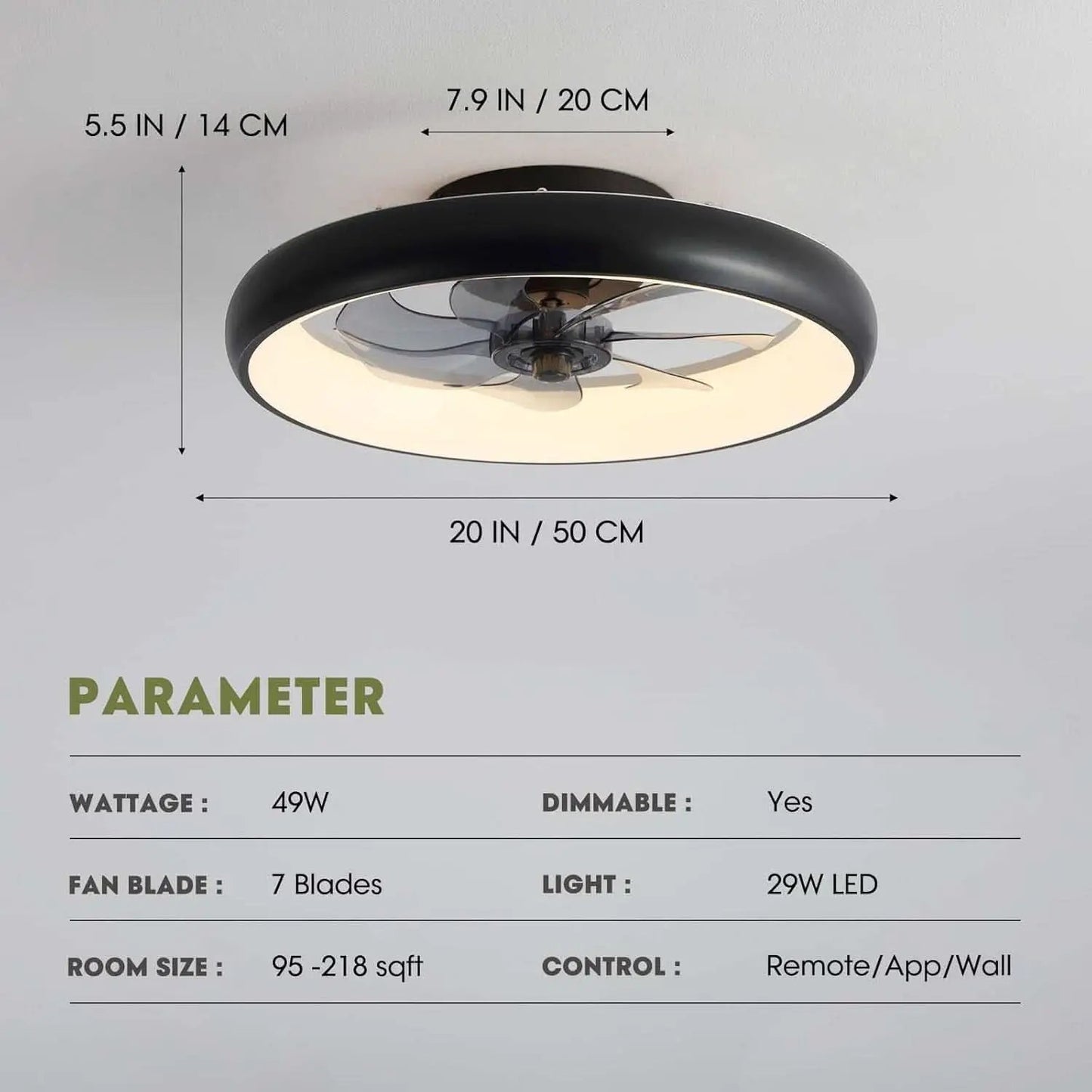 20 Inch Black Flush Mount Smart Ceiling Fan With LED Lights from PriceLows™