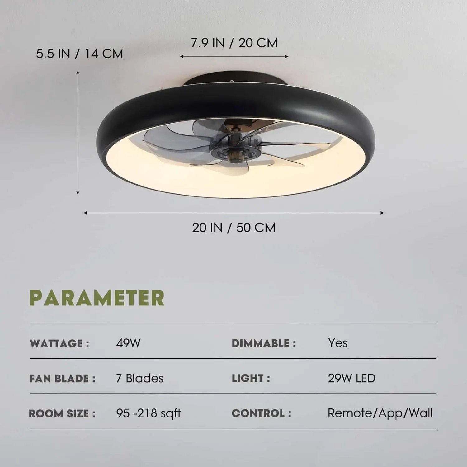 20 Inch Black Flush Mount Smart Ceiling Fan With LED Lights from PriceLows™